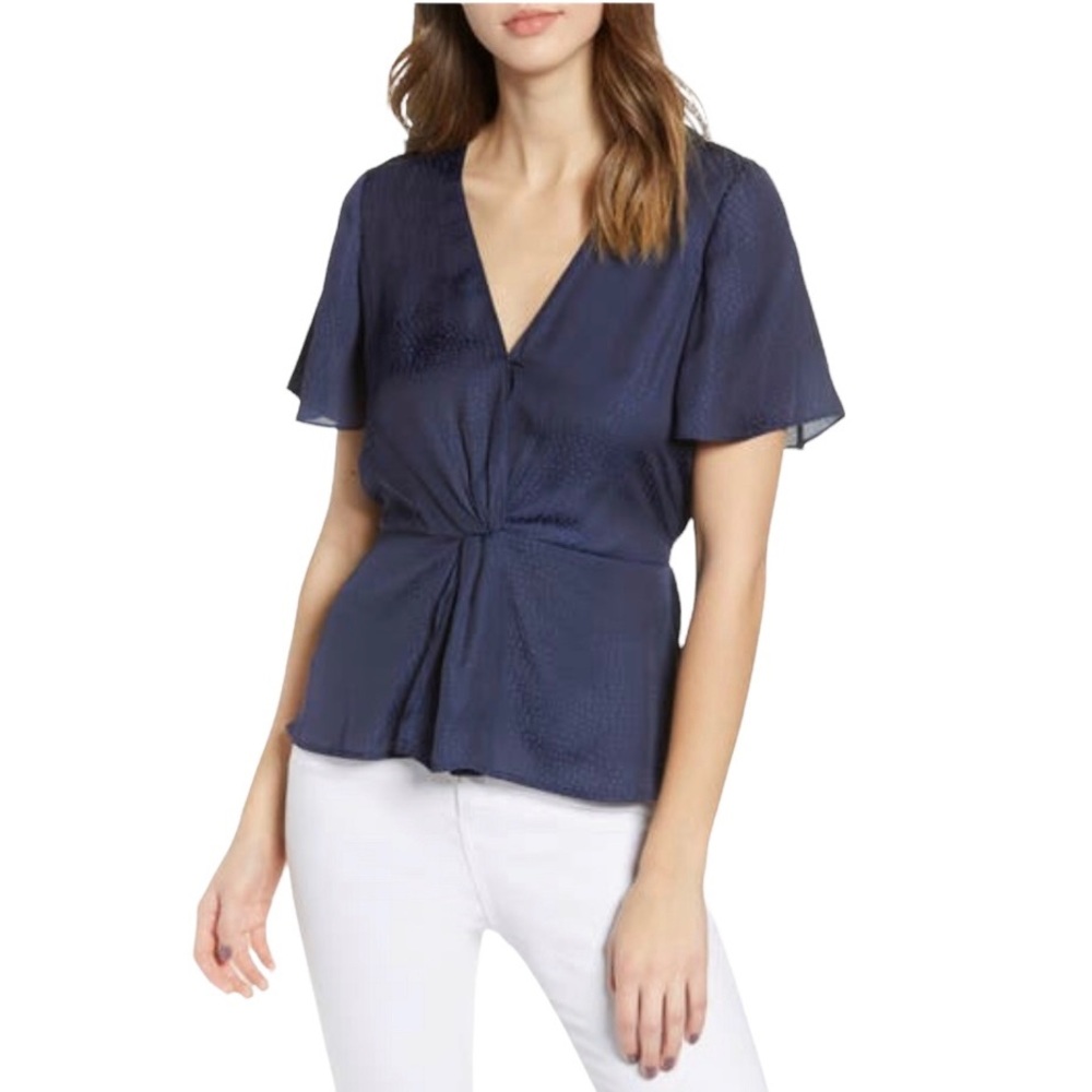 Wayf Sabrina Jacquard Dot Peplum Blouse Navy Blue Size Small